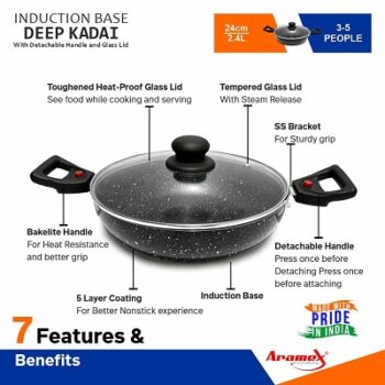 ARAMEX Non Stick Deep Kadai 24cm / Thickness 2.6mm Induction Base