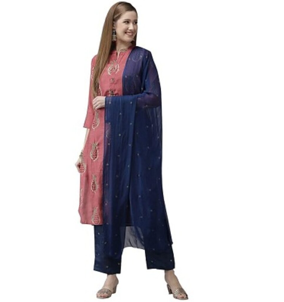 ishin Women's Art Silk Embroidered Beads and Stones Rose Floral Print A-Line Kurta suit set With Dupatta & Palazzo