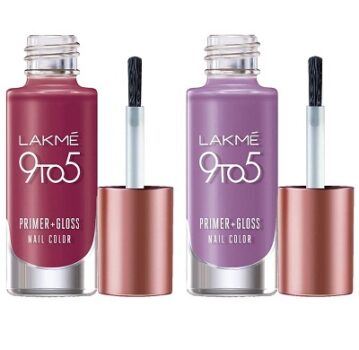 Lakme 9 to 5 Primer + Gloss Nail Colour, Lilac Link, 6 ml and Lakme 9 to 5 Primer + Gloss Nail Colour, Berry Business, 6 ml