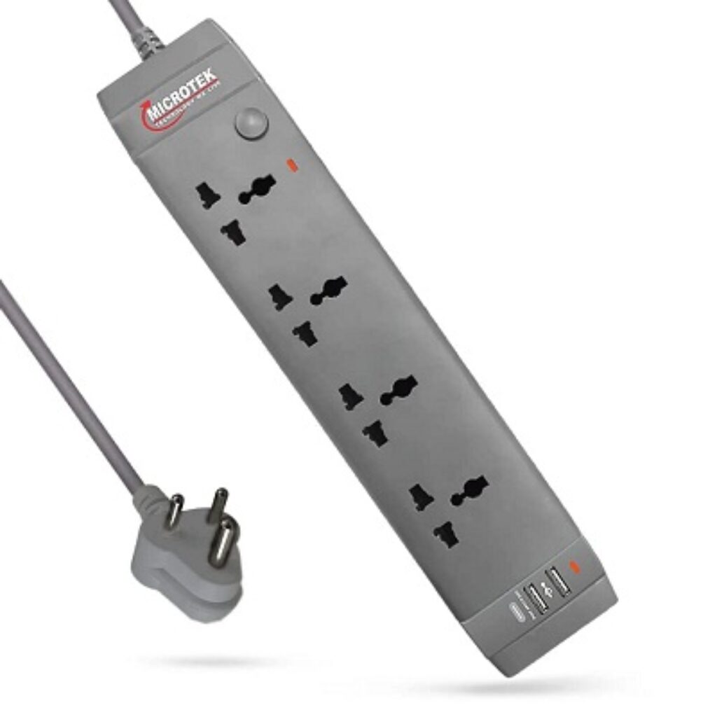 Microtek Spike Guard with USB Charger, 1.5m Extension Cord, 4 Sockets (6A, 1500W) with 1 Switch