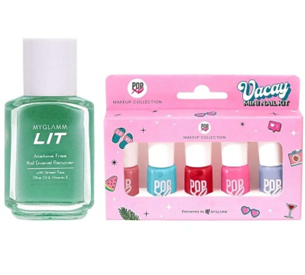 MyGlamm LIT Nail Enamel Remover-30ml & Popxo Mini Nail Kit - Vacay-Bloody Mary, Perfect Peach, Beach Please, Pink - Nic, Sea Ya -15ml