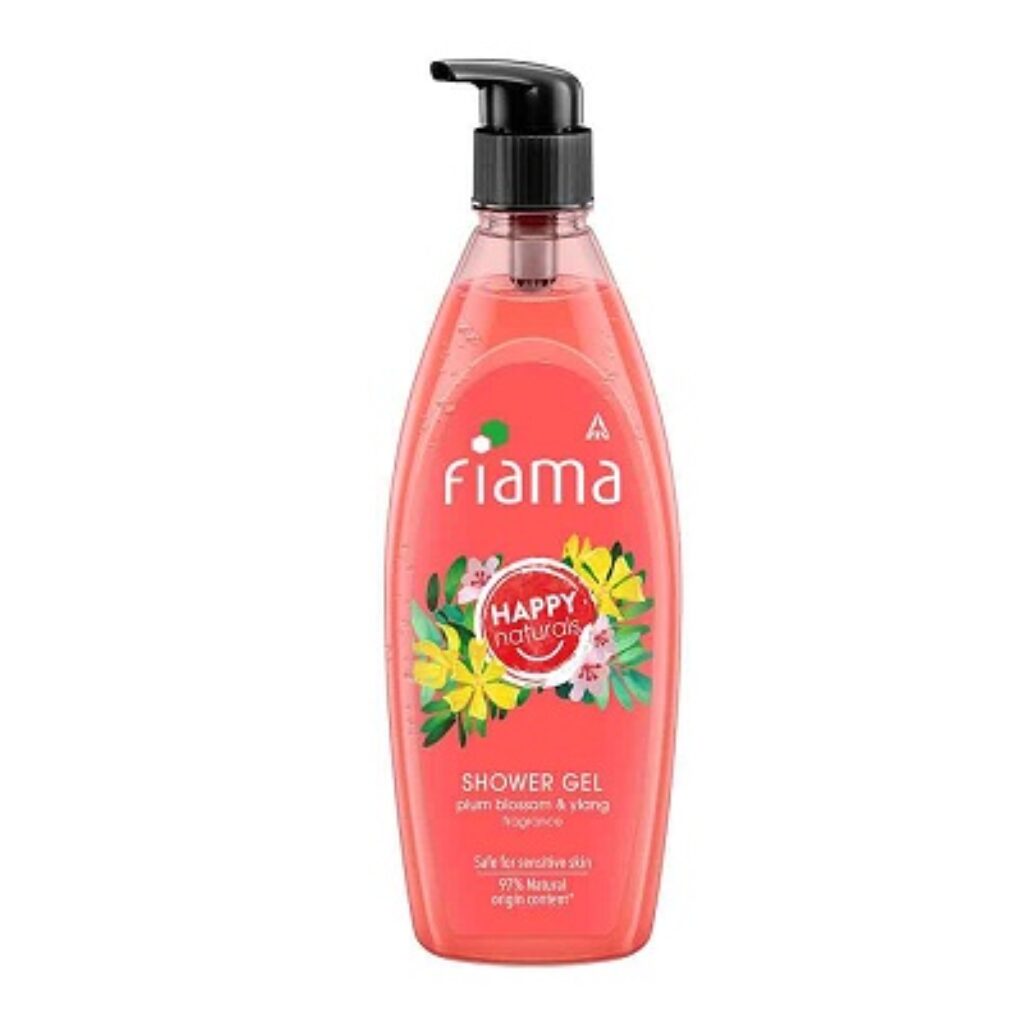 Fiama Happy Naturals shower gel, Plum blossom and ylang with 97% natural origin content with skin conditioners for moisturized skin, safe on sensitive skin, bodywash 500ml bottle