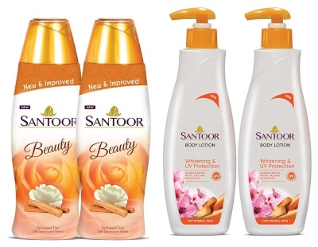 Santoor Perfumed Talc, 150g (Pack of 2) & Santoor Body Lotion Whitening And UV Protection, 250ml (Pack of 2)