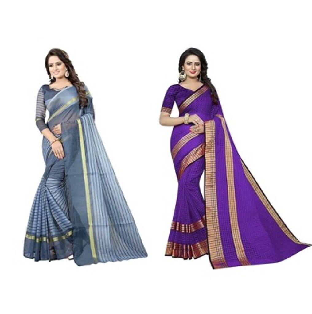 Florence Pack of 2 Firozi and Rani Cotton Silk Lace Work and Striped Saree with Blouse For Women(FL-IF-RustomFirozi_SonakshiRani-July20)