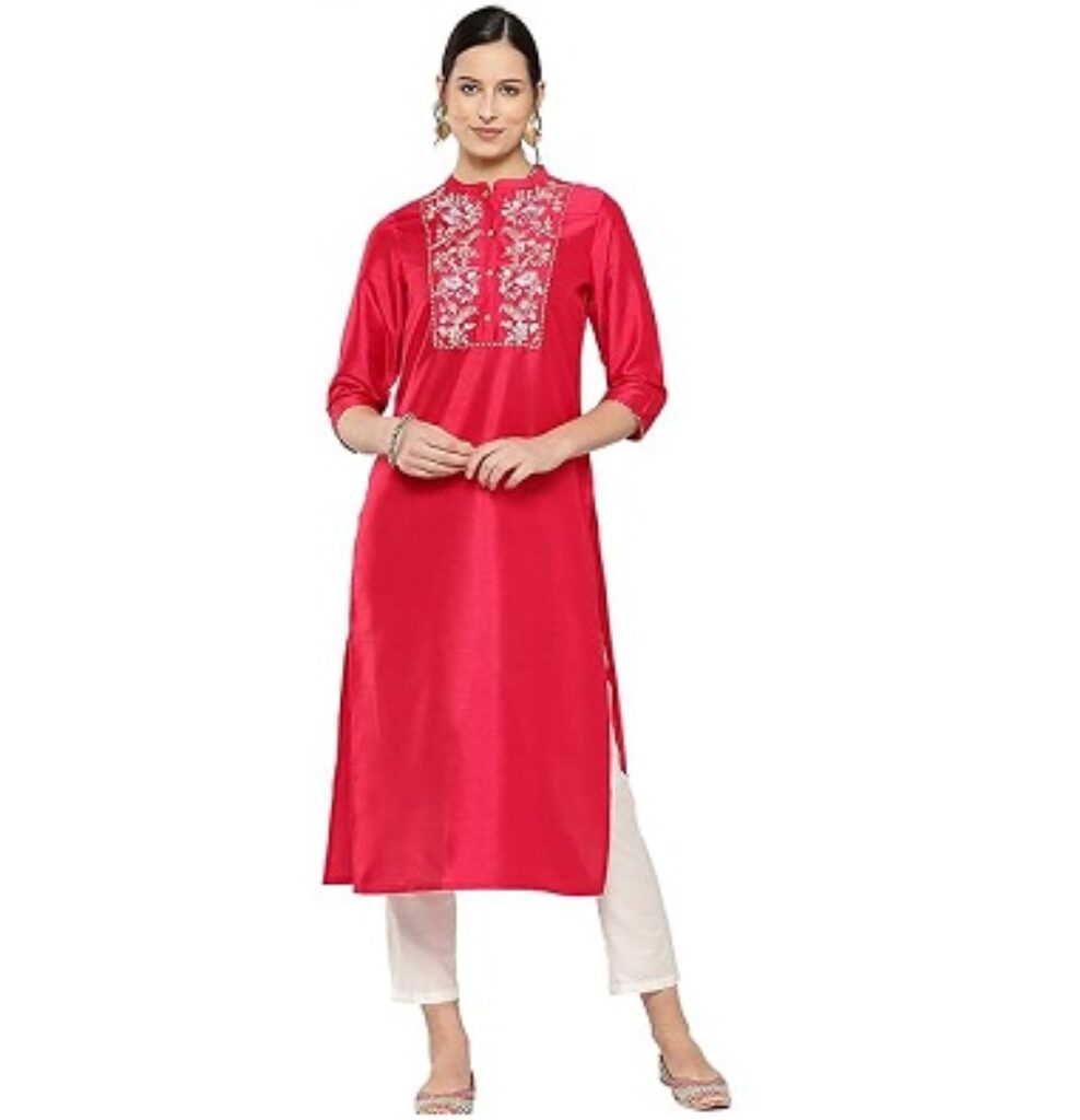 Janasya Women's Pink Crepe Silk Yoke Embroidered Straight Kurta