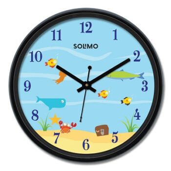 Amazon Brand - Solimo 12-inch Plastic & Glass Wall Clock - Aqua Toon (Silent Movement), Black