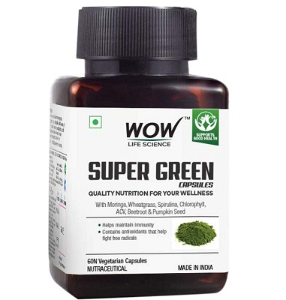 WOW Life Science Super Green Capsules - with Moringa, Wheatgrass, Spirulina, ACV, Beetroot, Chlorophyll & Pumpkin Seed - 550mg - 60 Veg Capsules