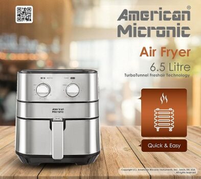 AMERICAN MICRONIC -Air Fryer for home- 6.5 Litre with removable Basket 1700W Power, 60 Minute Timer for Frying, Grilling, Roasting and Baking, free recipe book-AMI-AFM-65LDx- Black & Steel