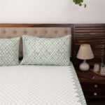 THE CURIO STREET I Green & Blue Premium Bedsheet with 2 Pillow Covers I Hand Block I Pure & Soft Percale Cotton I 300 TC I 90x108 inches (Double Bed) I Floral Pattern