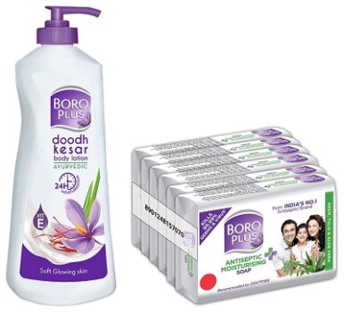 BOROPLUS Body Lotion For Nourishment (Normal Skin) 400ml & Antiseptic & Moisturising Bathing Soap, 125g (Pack Of 6)