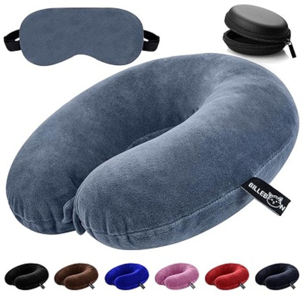 Billebon Premium Neck Pillow Eye Mask Combo Airplane Travel Pillow with Comfortable Velvet Sleeping Eyemask Head Rest Pillow & 30 Years Warranty (Grey with Earphone Case)