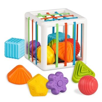 Aprilwolf Montessori Toys for 1 Year Old, Storage Cube Bin & 6 Sensory Shape Blocks