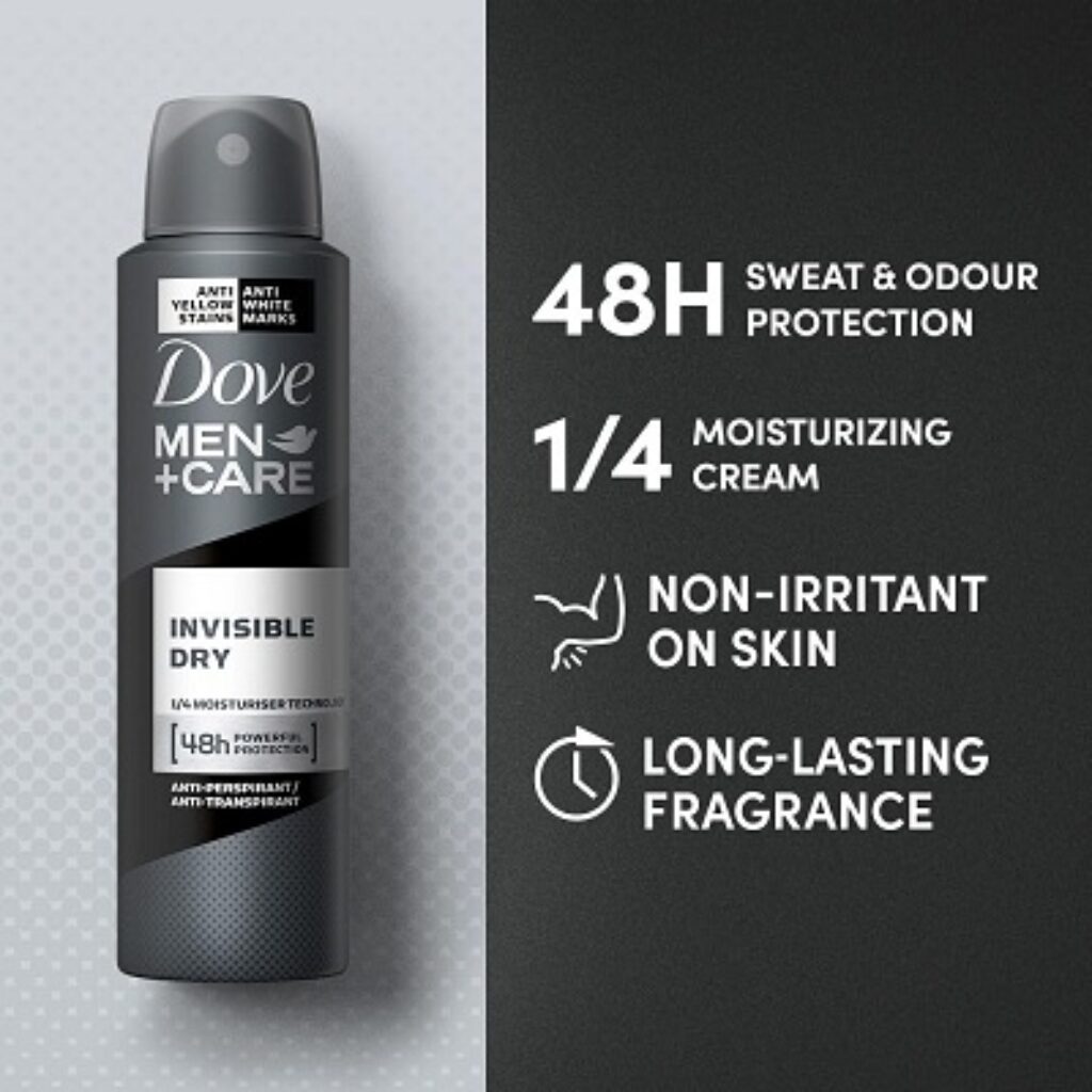 Dove Men+Care Invisible Dry Spray Antiperspirant Deodorant, Up To 48 hrs Protection From Sweat & Odour, Instantly Dry for Cleaner Feel & Leaves No White Marks or Stain, Soothes & Moisturises Skin, Warm, Oriental Scent, 150ml (Pack of 2)