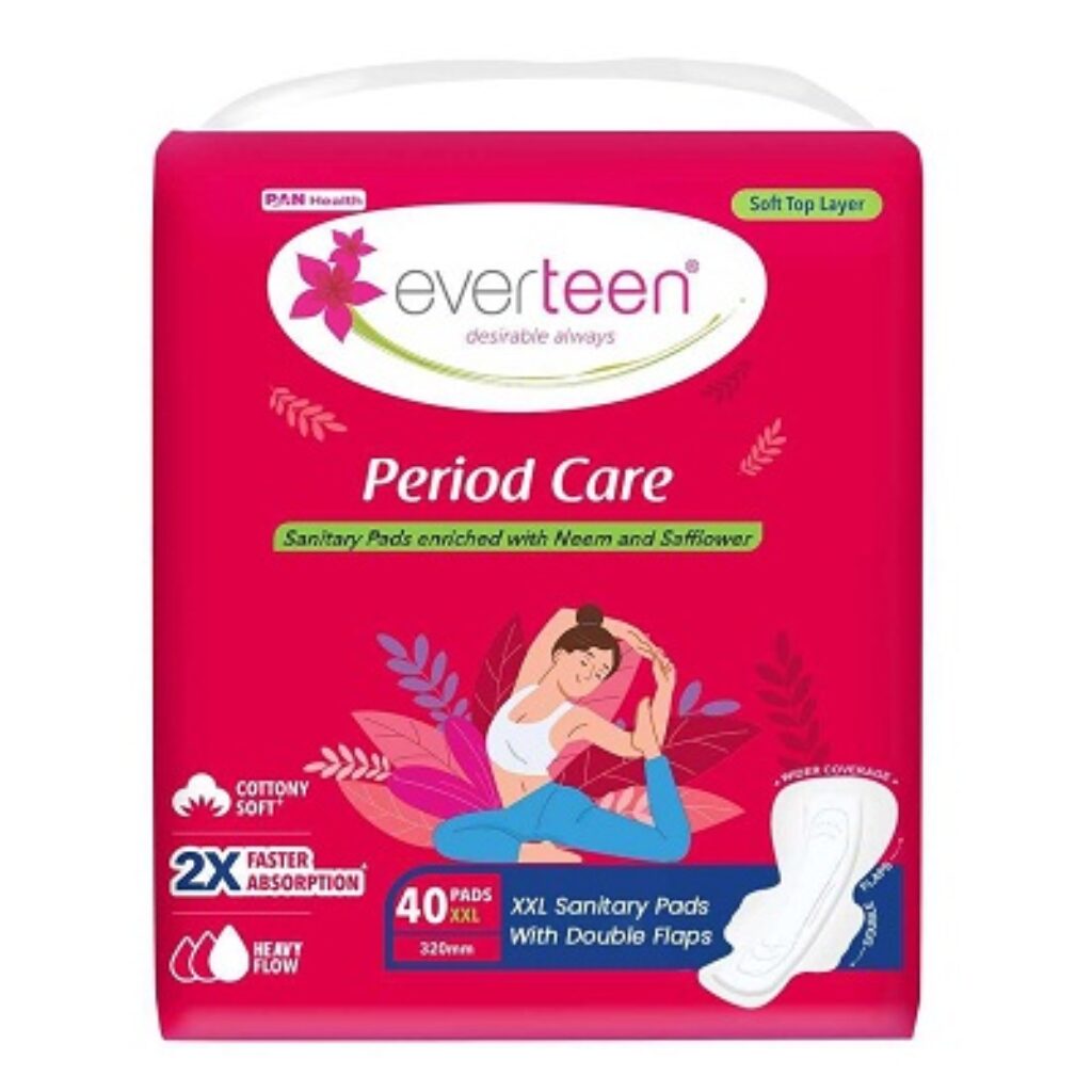 everteen Period Care XXL Soft Neem-Safflower Sanitary Pads for Women - 40 Pads, Rash Free, Anti Tan, Skin Friendly, Double Wing Shape, Advanced Leak Protection, XX Large, 320mm - 1 Pack (40 Pads)