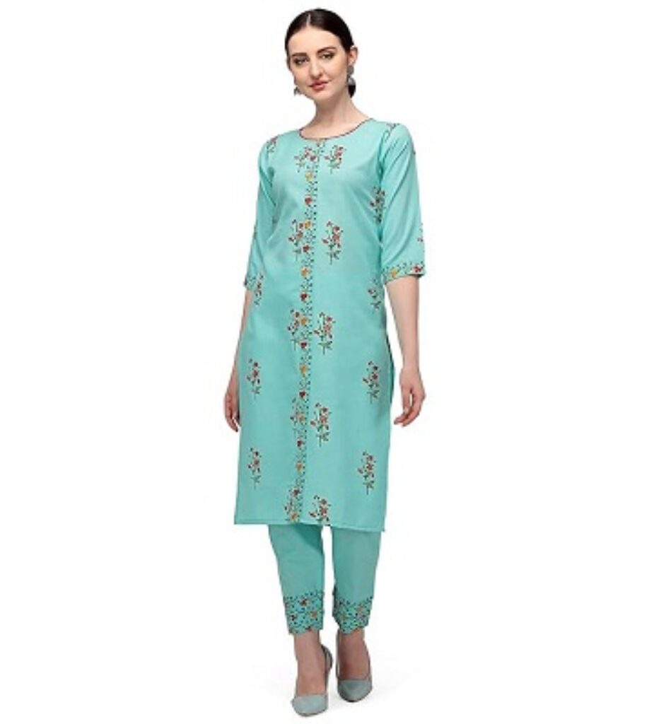 Fashion Basket Women's Cotton Blend Embroidered Straight Kurta Set