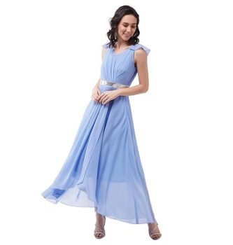 Miss Chase Women's Powder Blue V-Neck Ruffled Sleeve Solid Embellished Maxi Dress