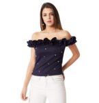 Miss Chase Women's Navy Blue Off-Shoulder Pearl Ruffled Top
