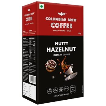 COLOMBIAN BREW COFFEE Hazelnut Instant Coffee Powder, No Sugar Vegan, 100g, Box