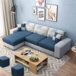 FURNY Rolando 4 Seater Fabric LHS L Shape Sofa Set with 2 Puffy (Blue-Grey)