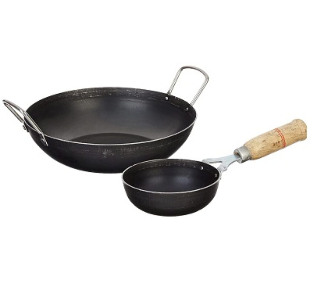 Amazon Brand - Solimo Sheet Metal Iron Cookware Set of 2 Pcs (Kadai 24 cm, Tadka Pan 13 cm) (Black)