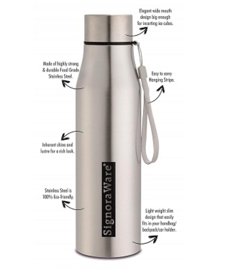 Signoraware Blaze Single Walled Stainless Steel Fridge Water Bottle, 1 Litre, Silver,Set of 1