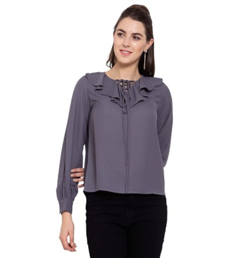 Style Quotient Women Grey Tie-Up Neck Crepe Regular Top