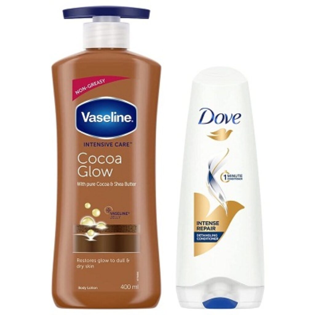 Dove Hair Therapy Intense Repair Conditioner For Damaged, Frizzy & Dry Hair (Cocoa), 175ml & Vaseline Intensive Care Cocoa Glow Body Lotion, 400ml