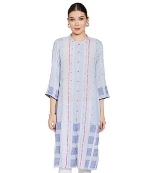 W for Woman Light Blue Shirt Kurta with Front Placket