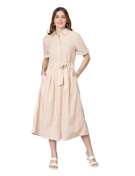oxolloxo Women Cotton Shirt Regular Sleeves Stripes Party Dress