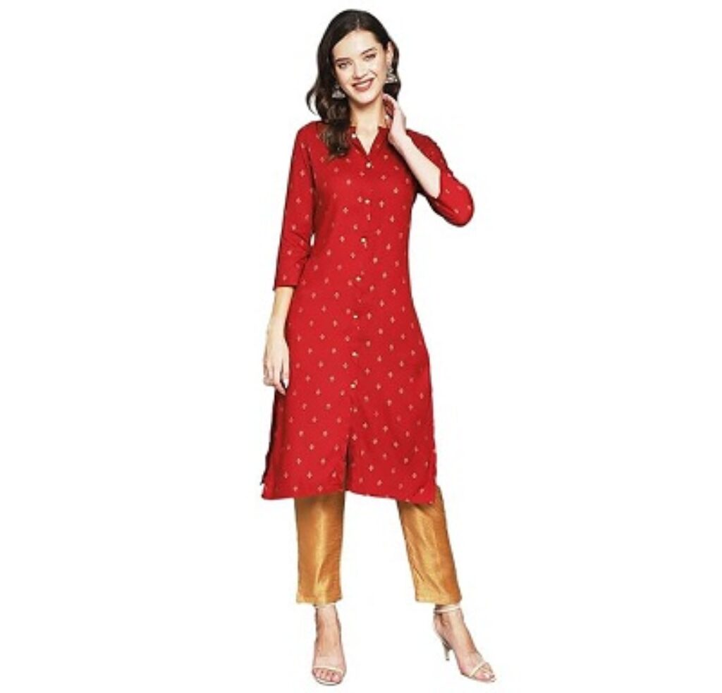 anubhutee Women's Rayon Red Ethnic Motifs Printed A-Line Kurta