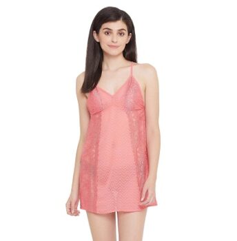 Clovia Women's Lace Print Me Pretty Sheer Babydoll with G-String