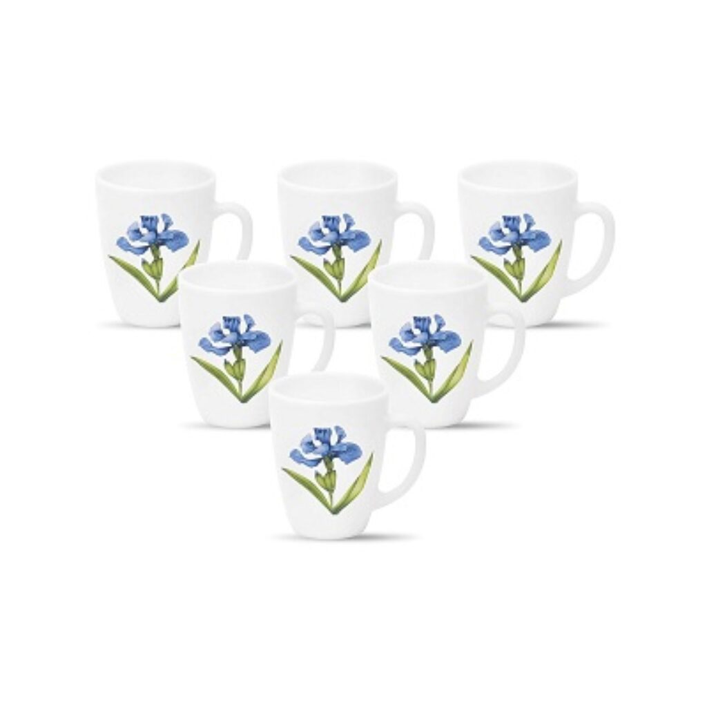 La Opala Diva, Opal Glass Coffee Mug Set Barrel Regular 6 pcs, Royal Iris, White