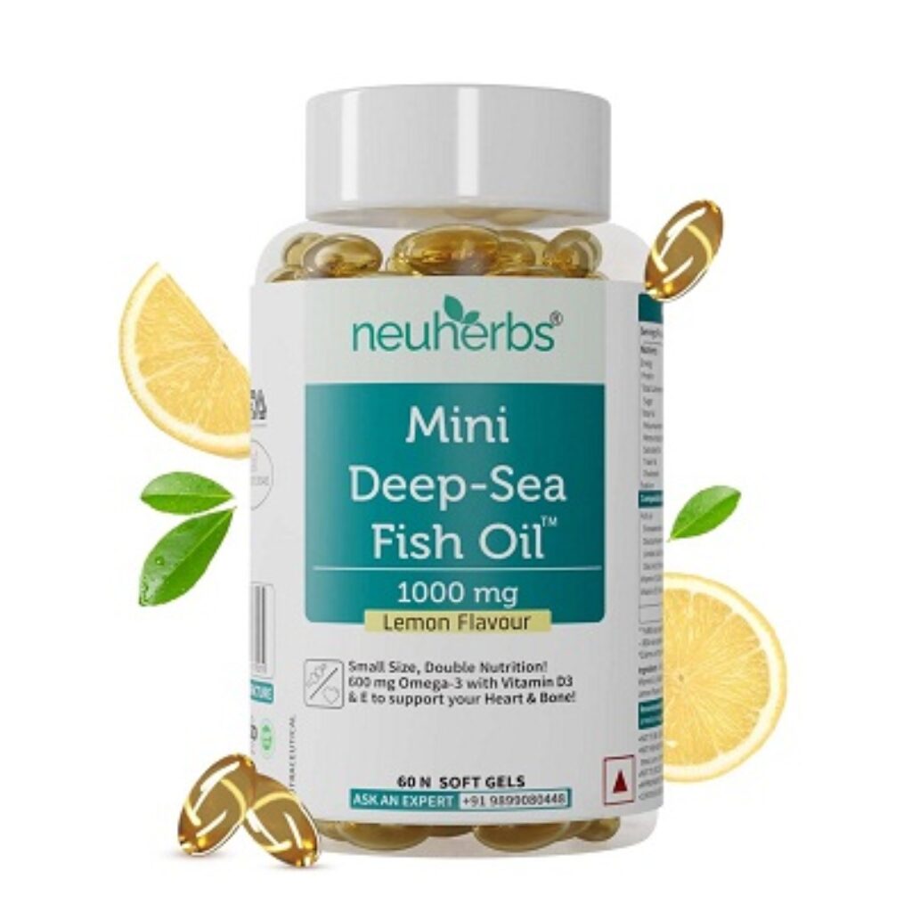 Neuherbs Mini Deep Sea Omega 3 Fish Oil 1000 mg With Lemon Flavour- 2X Omega 3 With Vitamin D3 & E Promote Brain, Heart & Bone Health