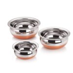 Dynore Stainless Steel 3 Pcs Handi Set with Copper Bottom Base for Kitchen and Serving Without Lid