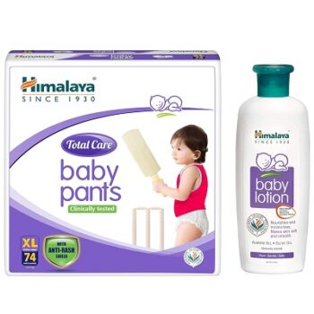 Himalaya Total Care Baby Pants Diapers, Extra Large (12-17 kg), 74 Count & Himalaya Baby Lotion (100ml)
