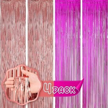 Flyloons Rose Gold and Pink Foil Curtains for Birthday Decoration Items Backdrop Pack of 4 Baby Shower Anniversary, Marriage, Bachelorette Party Celebration Theme