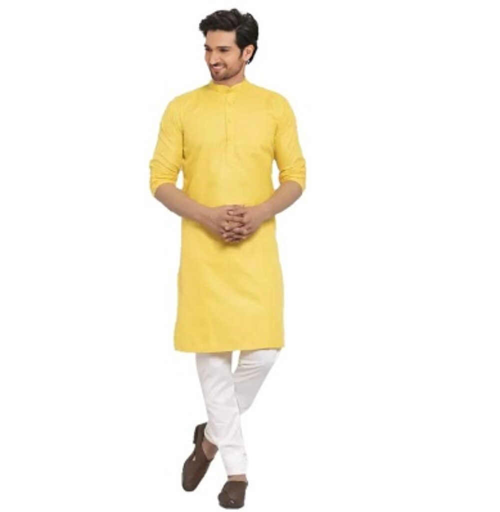 LookMark Men's Cotton Blend Yellow Straight (Kurta 02-L_)