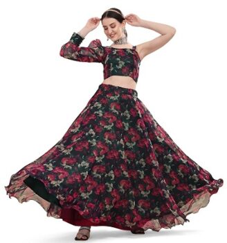 Fashion Basket Women's Floral Organza Semi Stitched Lehenga Choli