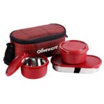 SOPL-OLIVEWARE Hazel Lunch Box, Leak Proof & Microwave Safe, 3 Stainless Steel Containers (450ml, 450ml, 550ml), Insulated Fabric Bag, Full Meal & Easy to Carry (Red)