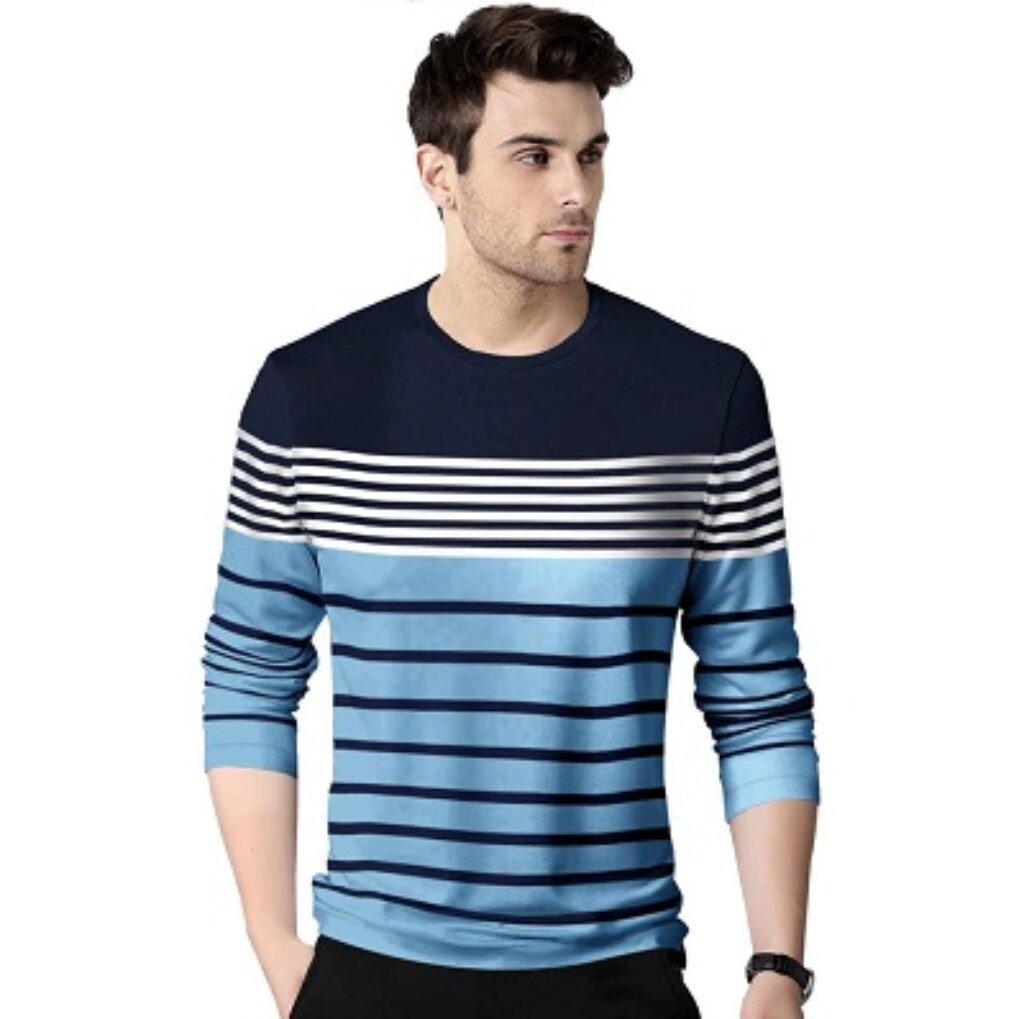 EYEBOGLER Men's Trendy Full Sleeves Round Neck Regular Fit Striped T-Shirt