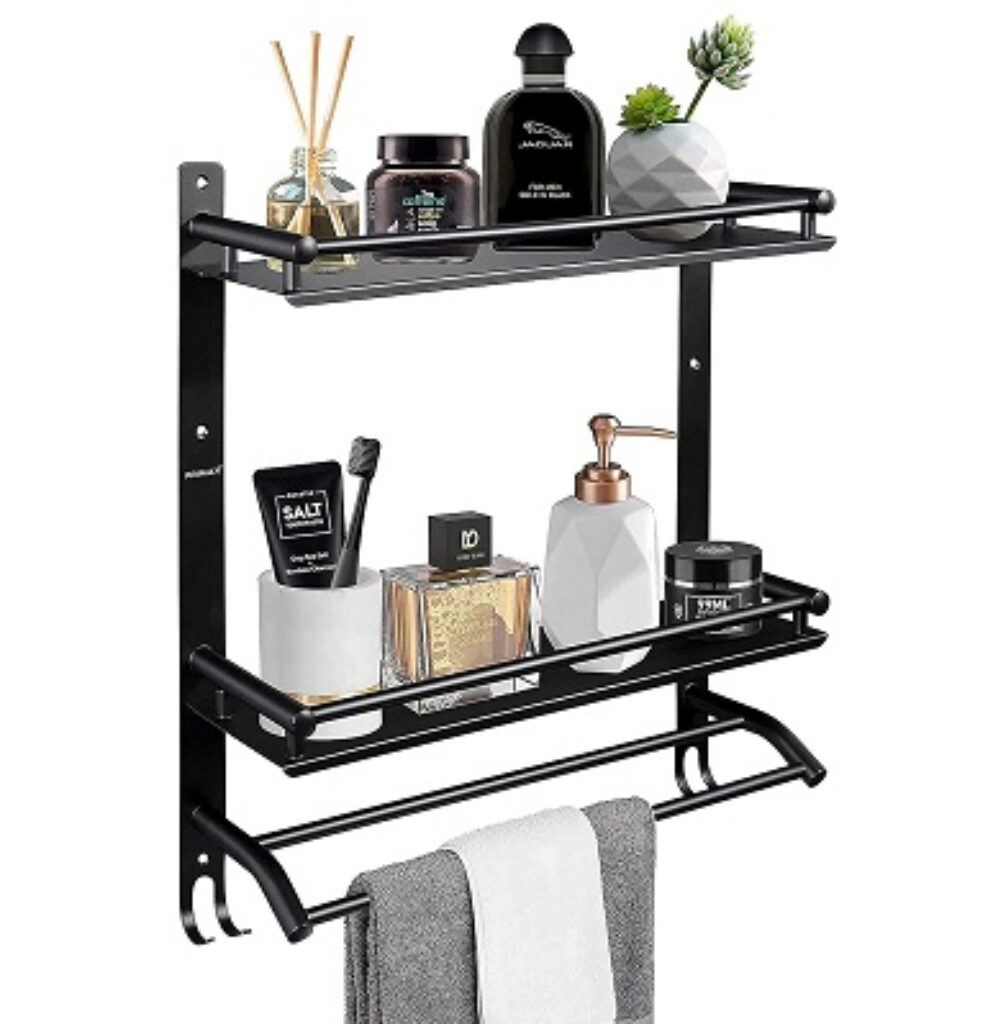 Primax Stainless Steel Multipurpose Bathroom Shelf/Rack/Towel Hanger/Bathroom Accessories - Wall Mount (Matt Black)