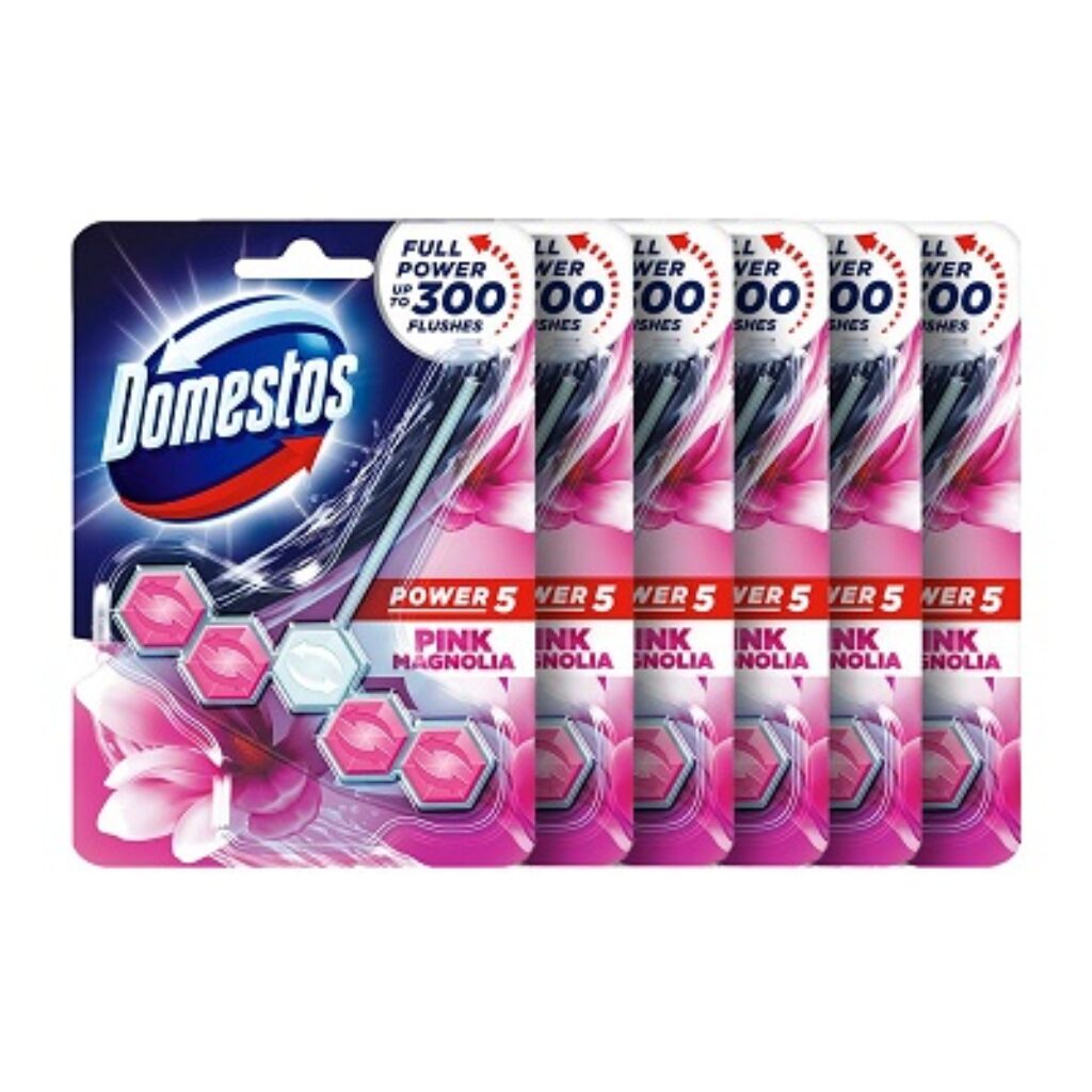 Domestos Power 5 Toilet Cleaner Rim Block with Pink Magnolia Floral Ocean Scent