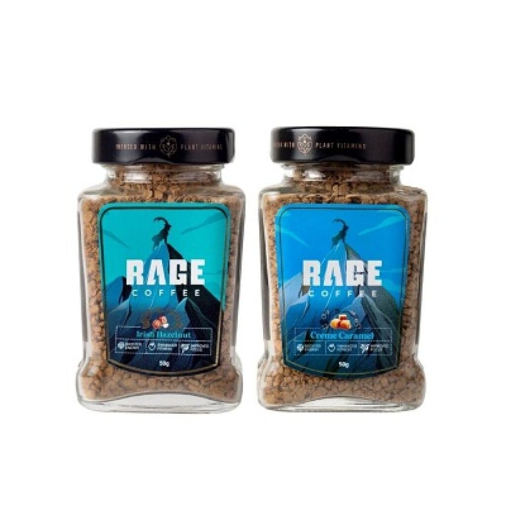 Rage Coffee Combo Pack of 2 - Irish Hazelnut & Creme Caramel Flavoured Coffee 50 Gms Each