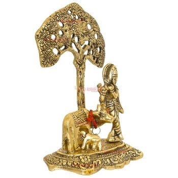 TIED RIBBONS Krishna Idol with Cow Brass Statue and Calf Under Tree Decorative Showpiece