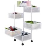 Amazon Brand - Solimo Five-Tier Square Trolley with Baskets, Rotating, Wire Mesh Baskets, Magnetic Closure, Portable (White)