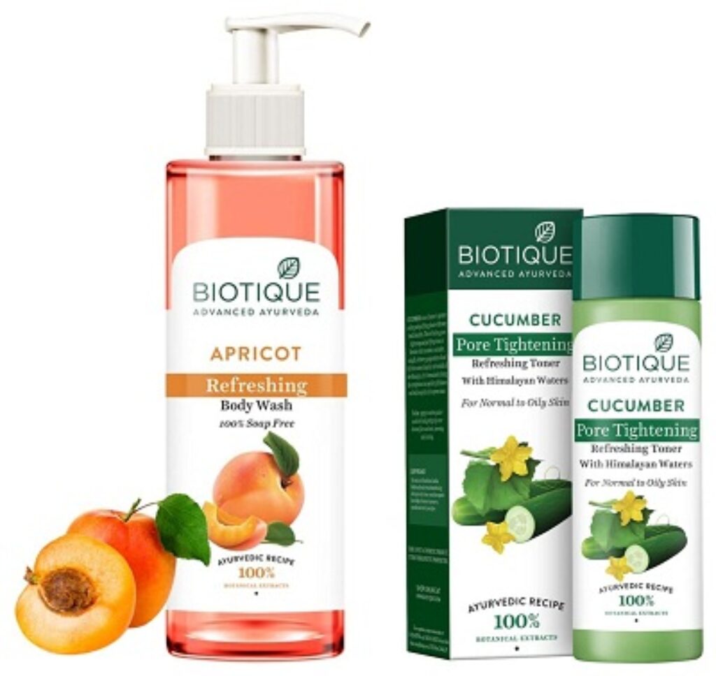 Biotique Apricot Refreshing Body Wash, 200ml & Biotique Cucumber Pore Tightening Refreshing Toner with Himalayan Waters, 120ml