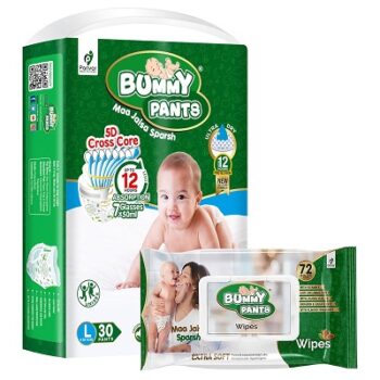 Bummy Pants Baby Combo Gift Pack Diaper Pants Size Large 30 Count & Baby wipes 72 Count