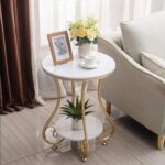 Total Crafts Morden Round Coffee Table End Table Small Sofa Side Metal Frame -Gold & White