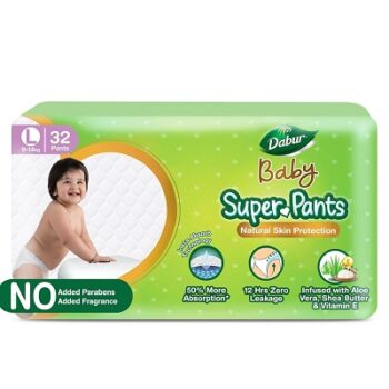 Dabur Baby Super Pants - L (32 Pieces) | 9-14 kg | Insta-Absorb Technology | Diapers Infused with Aloe Vera, Shea Butter & Vitamin E | No Added Parabens...