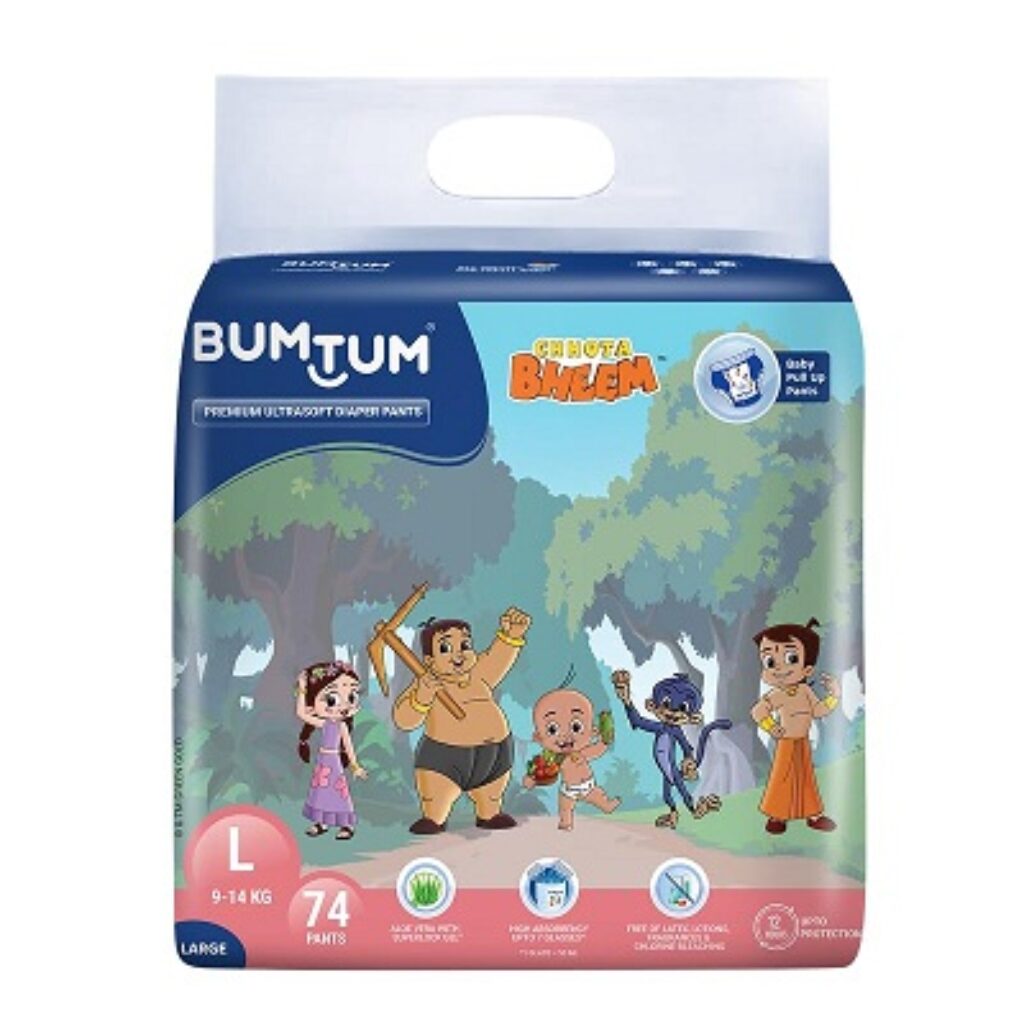 Bumtum Chota Bheem Large Baby Diaper Pants, 74 Count, Leakage Protection Infused With Aloe Vera